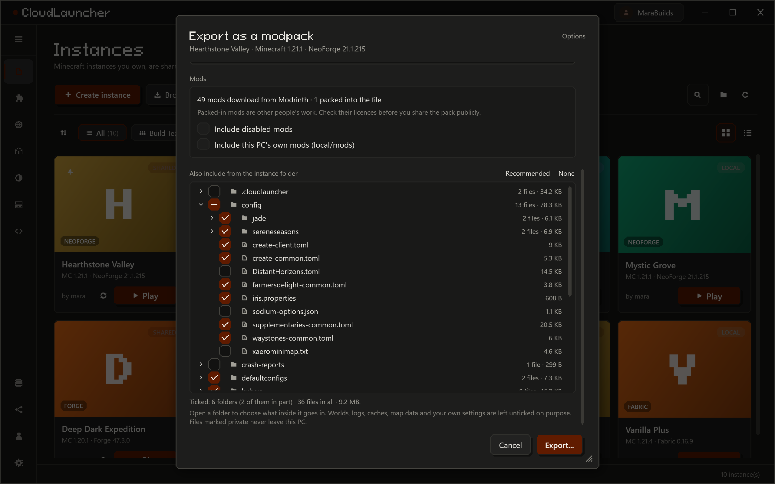The export dialog: CurseForge or Modrinth format, and a file tree for choosing exactly which configs, scripts and worlds go into the pack.