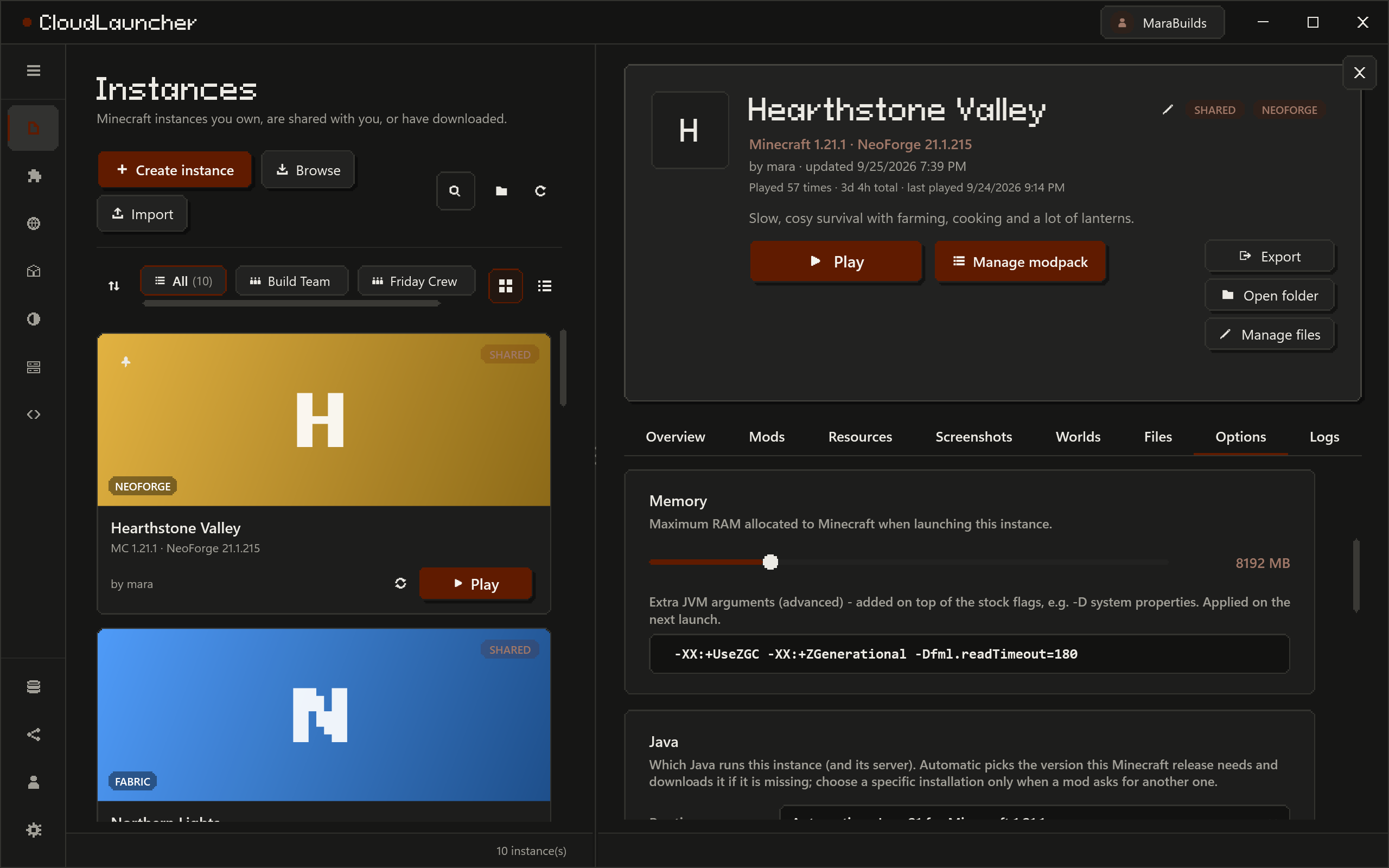 An instance's own page: its name, Minecraft version and loader, the Play and Manage modpack buttons, Export, Open folder and Manage files, and tabs for mods, resources, screenshots, worlds and files.