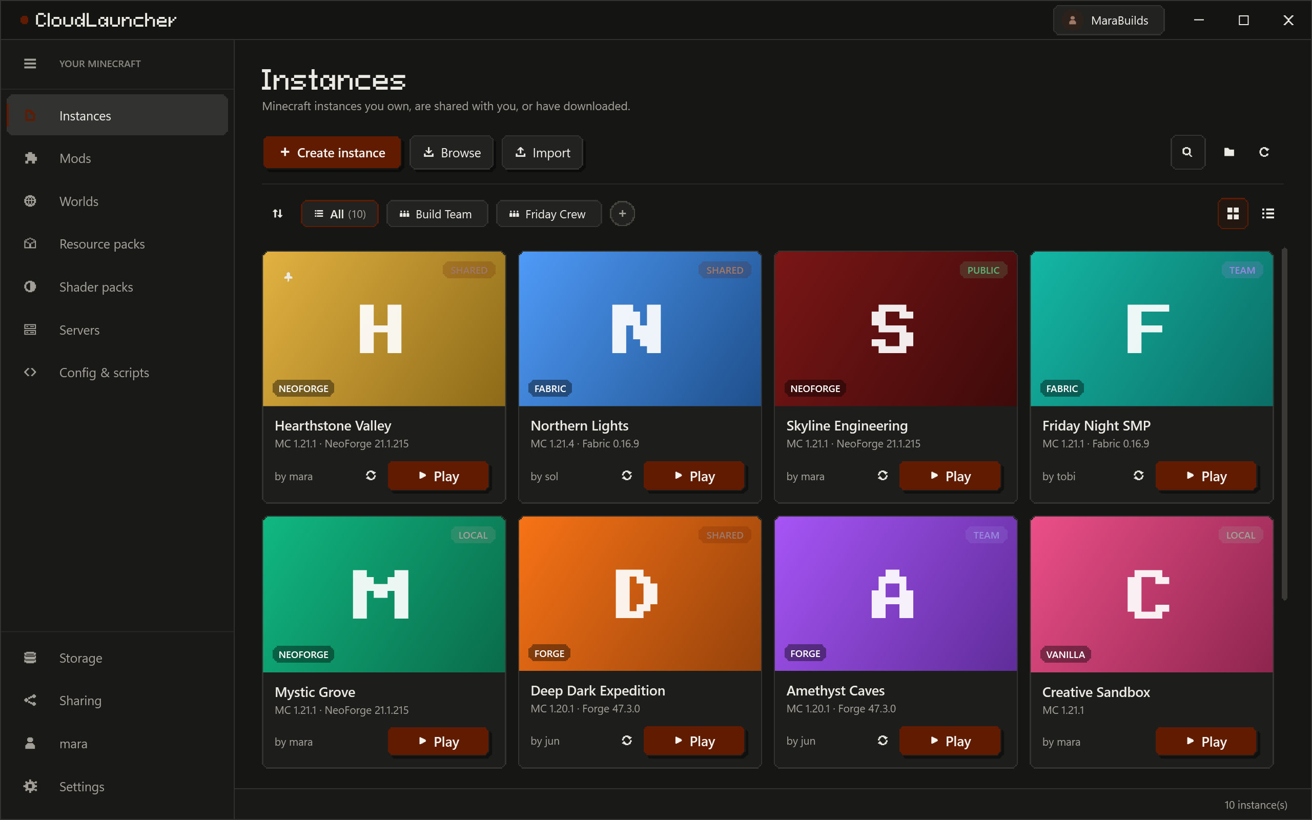 The Instances page: a grid of instance cards, each with its cover, Minecraft version, loader, owner and a Play button, and folder chips above them.