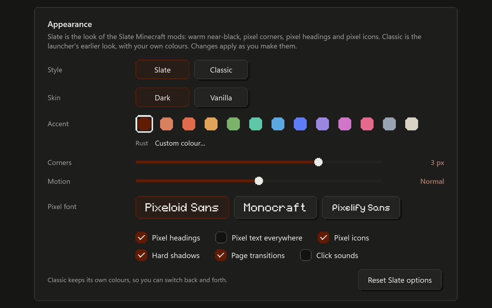 Settings, Appearance: Slate or Classic style, Dark or Vanilla skin, accent swatches, corner steps, motion speed and the pixel options.
