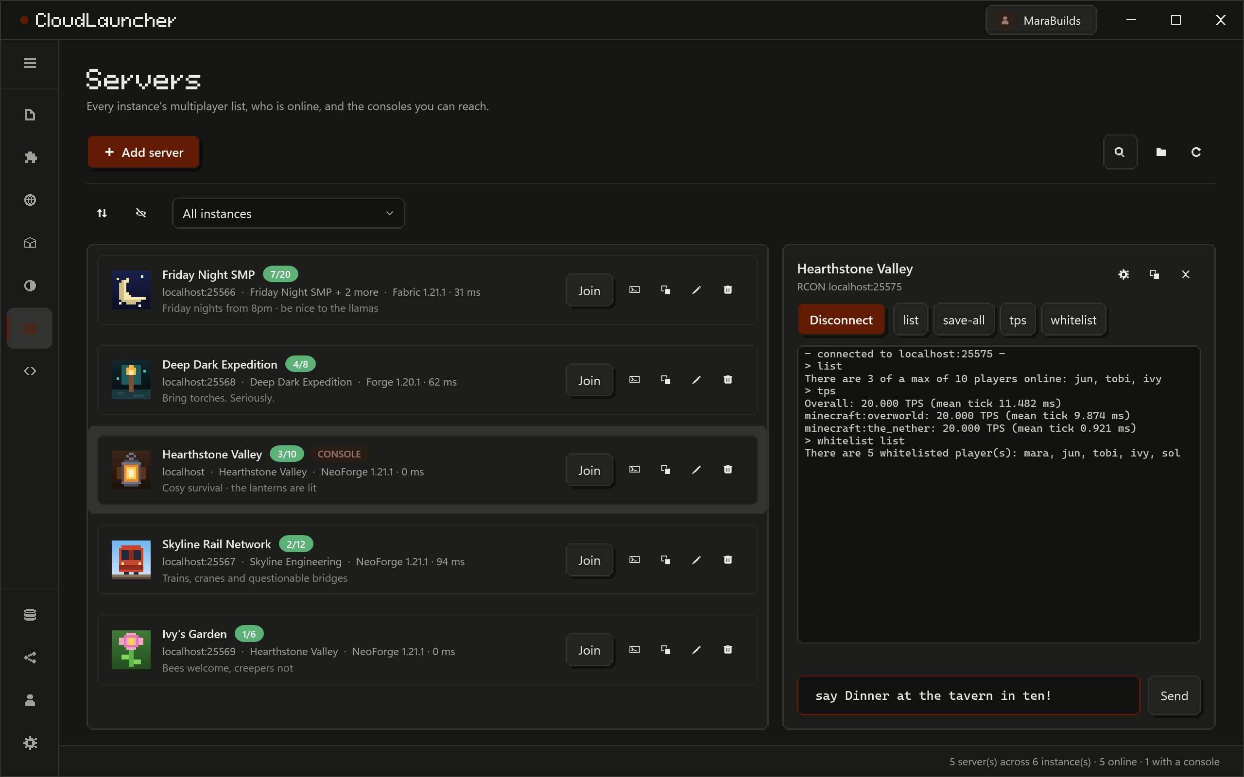 The Servers page: servers from every instance with player counts and ping, and an RCON console for one of them.